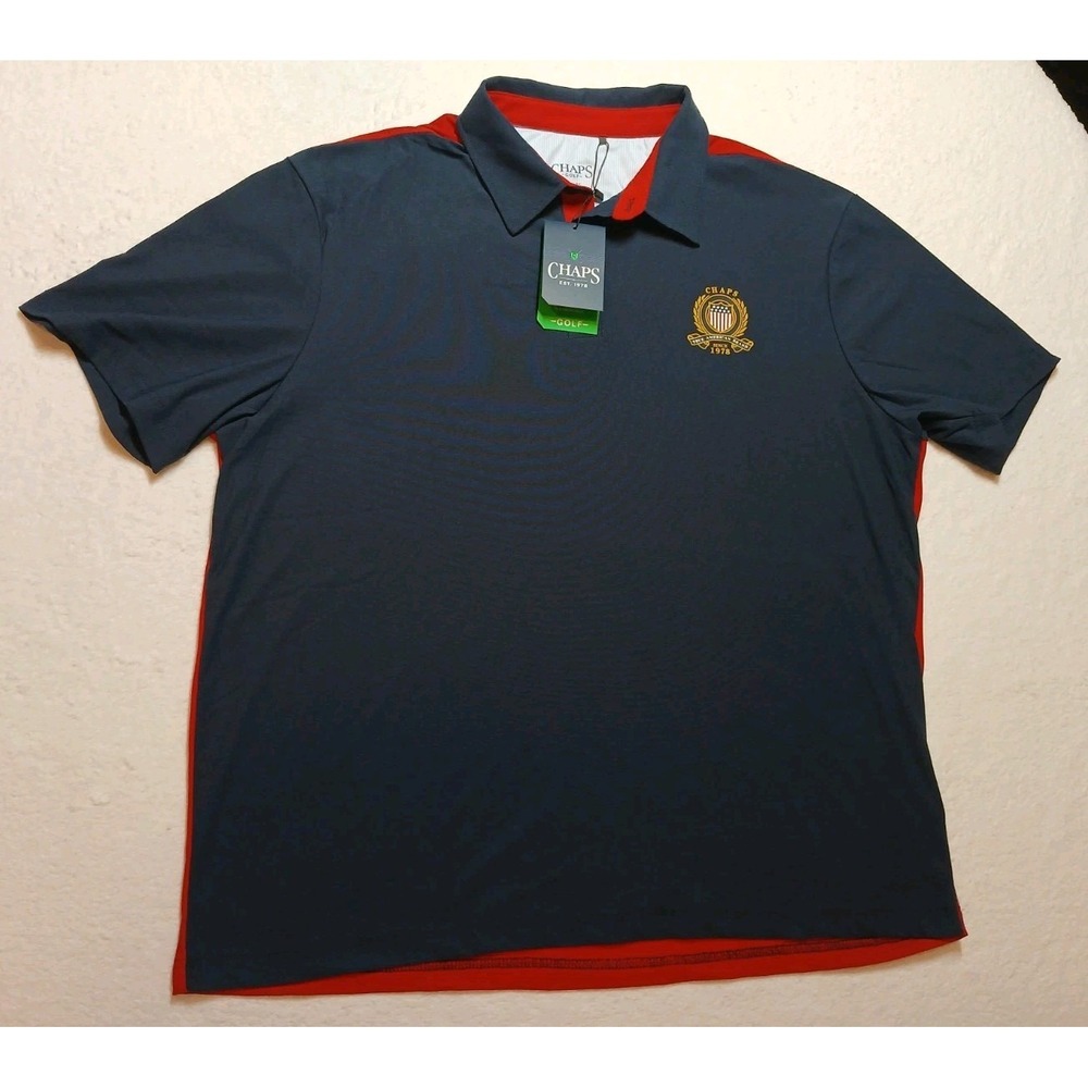 NWT Chaps Men's XL Logo Colorblock Polo Shirt Navy Blue Red Gold Crest Golf